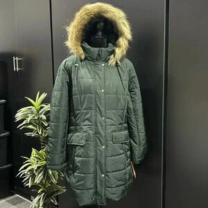 Weatherproof Long coat,faux fur hood,hip pockets,zip/snap up,knit cuff,high neck